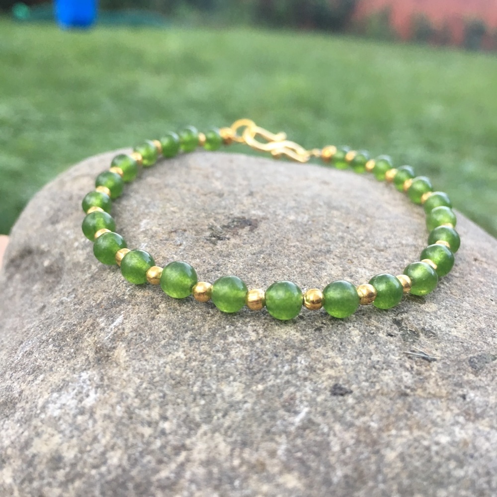 Green Onyx Genuine Gemstone Silver Gold Bracelet - Picture 1 of 5